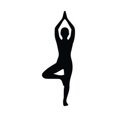 Fototapeta premium Woman silhouette practicing yoga tree pose for balance and wellness on white background.