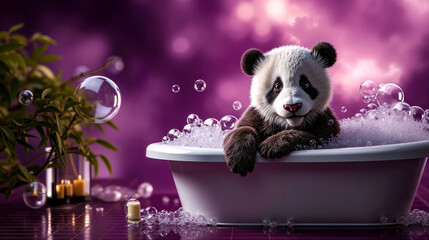 A panda bear sitting in a bathtub with bubbles in it