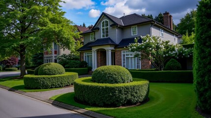 A house with hedges and bushes in front of it