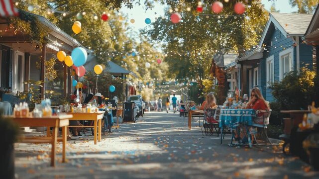 Sunny neighborhood block party with blurred background and American flag ideal for 4th of July community events and summer celebration stories