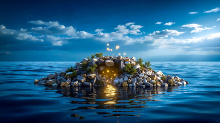 A small island in the middle of a body of water surrounded by birds flying around