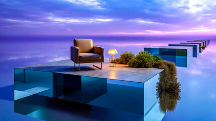 A chair sitting on top of a table next to a lamp