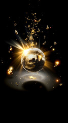 A disco ball with music notes flying out of it