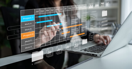Digital visualization of multiple project timelines with progress tracking, documents, and team collaboration symbols Parse
