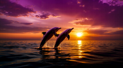 Two dolphins jumping out of the water at sunset