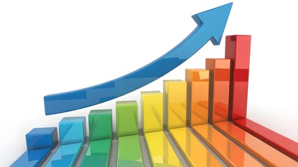 Vibrant 3D bar graph with rising blue arrow
