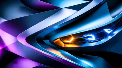 A close up of the headlight of a futuristic car in a dark room