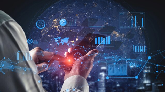 A person interacts with a smartphone displaying various data visualization elements against a backdrop of a global landscape, reflecting modern technology and connectivity. Xenic - Powered by Adobe
