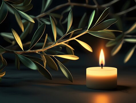 Candle light illuminating olive branch for easter peace