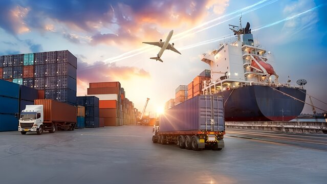 Efficient logistics and transportation hub with cargo ships trucks and plane
