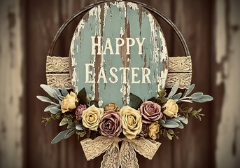 Rustic Shabby Chic Easter Sign with Vintage Roses and Distressed Paint