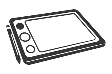 Vector illustration, black and white silhouette of a digital tablet with stylus