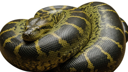 Fototapeta premium A large coiled snake with yellow and black scales on a black background on transparent background