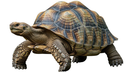 Obraz premium A large tortoise walking on a black background with a focus on its shell and legs, on transparent background