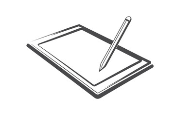 Digital tablet and stylus, stark black and white silhouette for graphic arts