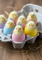Fluffy Yellow Chicks Hatching from Colorful Painted Easter Egg Shells