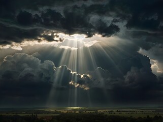 Divine light breaking through dark clouds bringing hope
