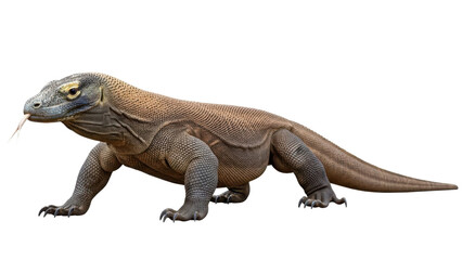 Fototapeta premium A large Komodo dragon standing on a transparent background with its tongue out