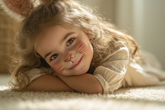 Cheerful Little Girl Lying on Carpet With Cat Face Paint, Warm Smile, and Sunny Indoor Light