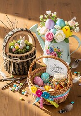 Rustic Easter Celebration Display with Decorated Eggs, Bunny, Chick, and Candy