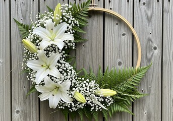 Simple Floral Hoop Arrangement Featuring Bright White Lilies and Greenery