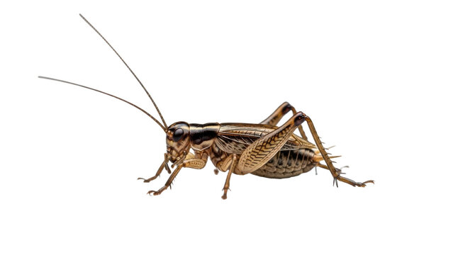 A close-up of a brown cricket on a transparent background