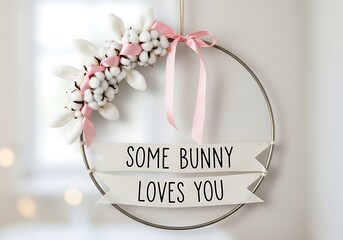 Charming Hoop Wreath Decor Featuring Cotton Bunny Ears and Loving Sentiment