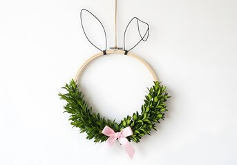 Minimalist DIY Easter Wreath with Bunny Ears and Pink Bow Hanging