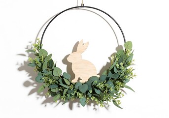 Minimalist Easter Wreath Featuring Wooden Bunny Silhouette and Green Foliage