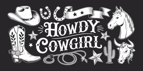 Obraz premium Howdy cowgirl western elements collection featuring hats boots stars and ranch style icons for posters branding stickers invitations apparel and creative graphic design projects