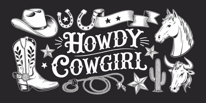 Howdy cowgirl western elements collection featuring hats boots stars and ranch style icons for posters branding stickers invitations apparel and creative graphic design projects
