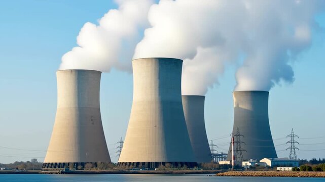 Power plant cooling towers emitting steam, electricity generation facility, industrial energy production, nuclear or thermal station, massive concrete structures