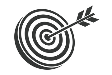 Black dart arrow strikes the bullseye on target, signifying a achieved business milestone