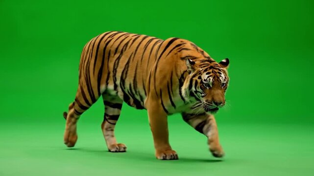 Majestic striped tiger walking gracefully, showcasing its powerful presence on a green screen