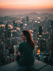Fototapeta premium Young Woman Sitting on Rooftop at Dusk, City Lights Background, Evening Urban Portrait, Relaxed Posing, Scenic Outdoor Photography