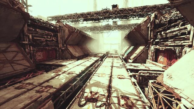 desolate metal space dock corridor flooded with pale sunlight, long rails and rusted panels stretching toward bright opening scattered debris, high ceiling