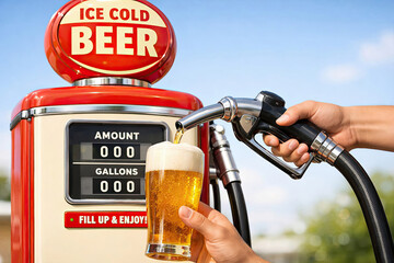 At a vintage gas station, beer flows from the pump into a beer glass.