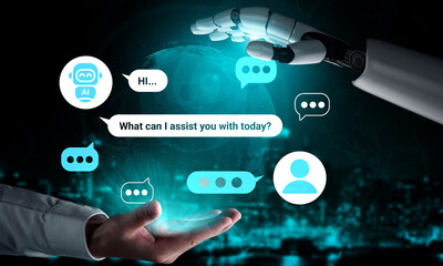 A visually striking image portraying the interaction between a human hand and a robotic hand, with chat bubbles reflecting AI communication and assistance in a digital world. Gantry
