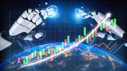 This image showcases robotic hands interacting with global finance data, featuring rising graphs and digital interfaces, emphasizing modern technological advancement in analytics. Copula