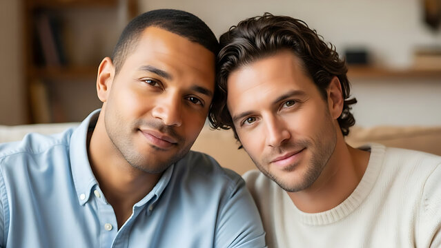Two men smiling together on a couch in a cozy living room setting