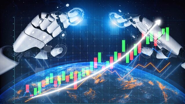 This image showcases robotic hands interacting with global finance data, featuring rising graphs and digital interfaces, emphasizing modern technological advancement in analytics. Copula - Powered by Adobe