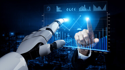 A futuristic scene displaying a robot hand reaching towards a digital interface filled with graphs and charts, symbolizing advanced data analysis and human interaction with technology. Scalp