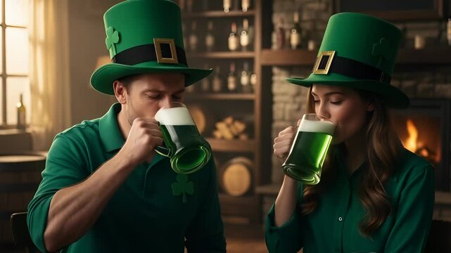 Man and woman wearing leprechaun hats toast and drink green beer celebrating at a St Patrick day pub party.