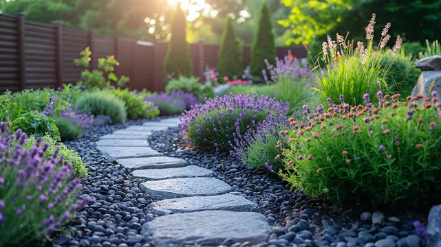 Beautiful garden path winding through colorful flowers and lush greenery in the backyard.