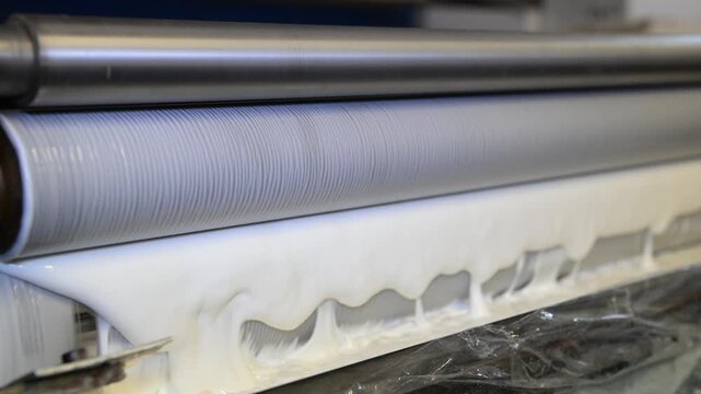 The process of laminating sheets in a printing house. A machine for applying glue to sheets in the production shop of a printing house