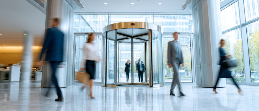 Blurred motion of business people walking through modern lobby with revolving glass door and large