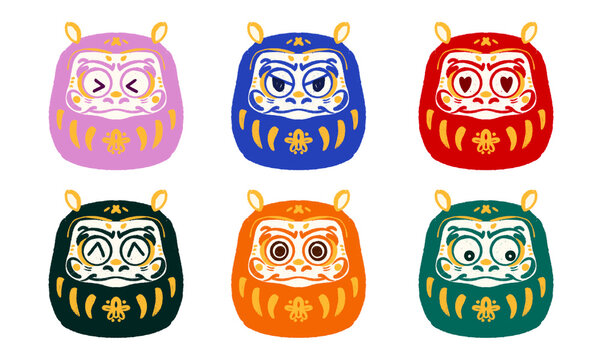set of Colorful dolls Japanese Daruma cute (wobblehead toy) vintage toy travel Hand drawn illustration on transparent background