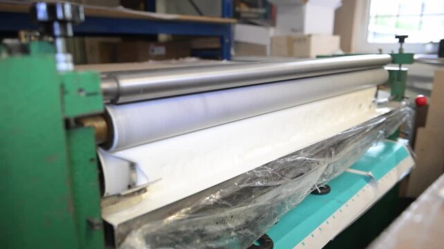 The process of laminating sheets in a printing house. A machine for applying glue to sheets in the production shop of a printing house