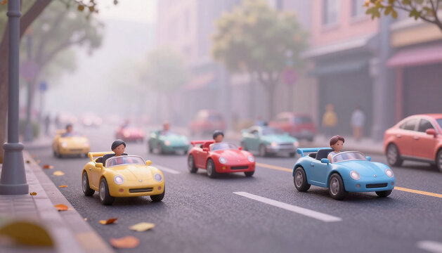 Calle de una ciudad de juguete, con coches de colores conduciendo. Ambiente de niebla