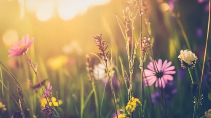 Colorful wildflowers are blooming in a sunlit meadow with a soft bokeh background, featuring various flower types and lush green grass during summer